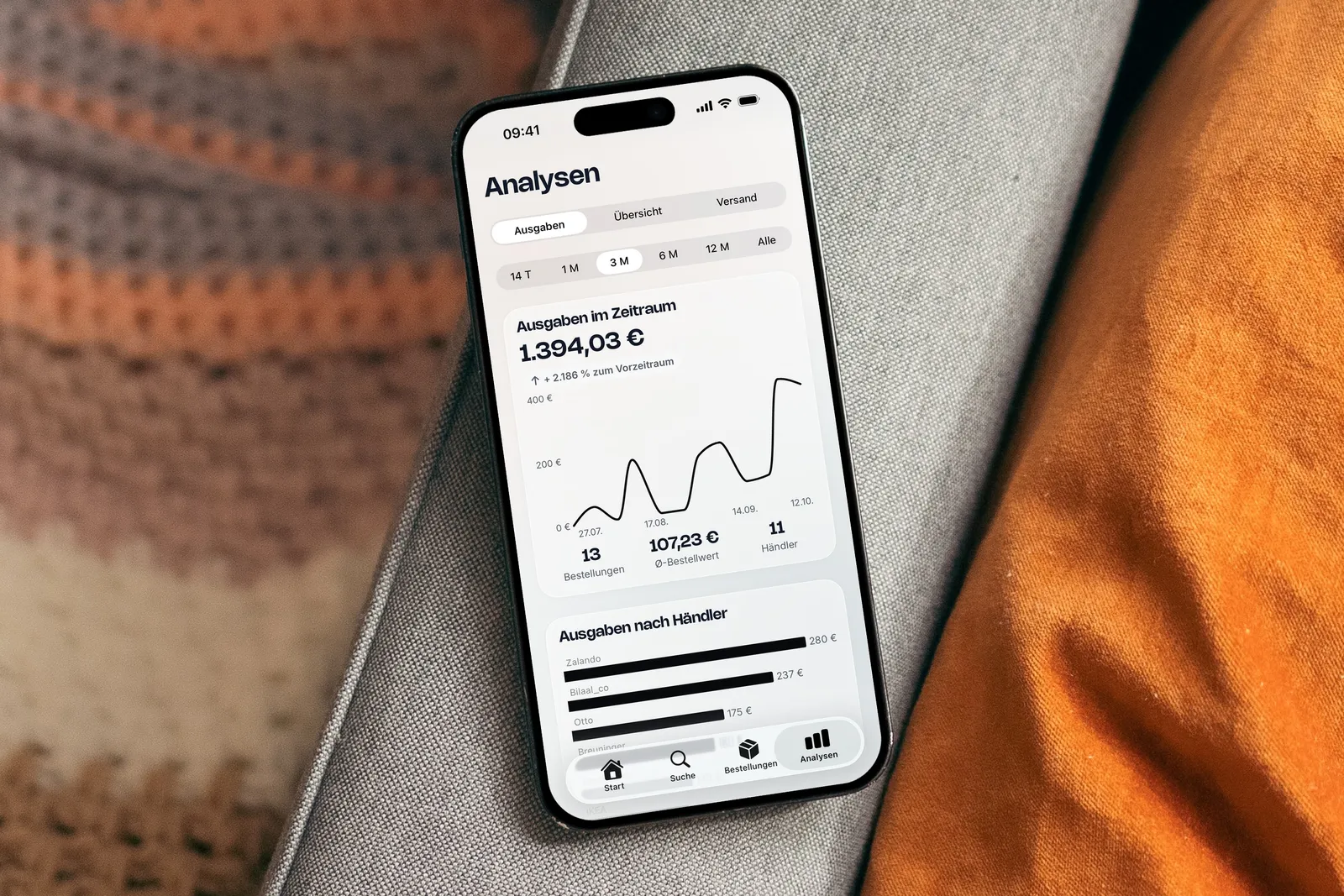 Ausgabenanalyse in der trok-App mit Verlauf und Ausgaben nach Händler