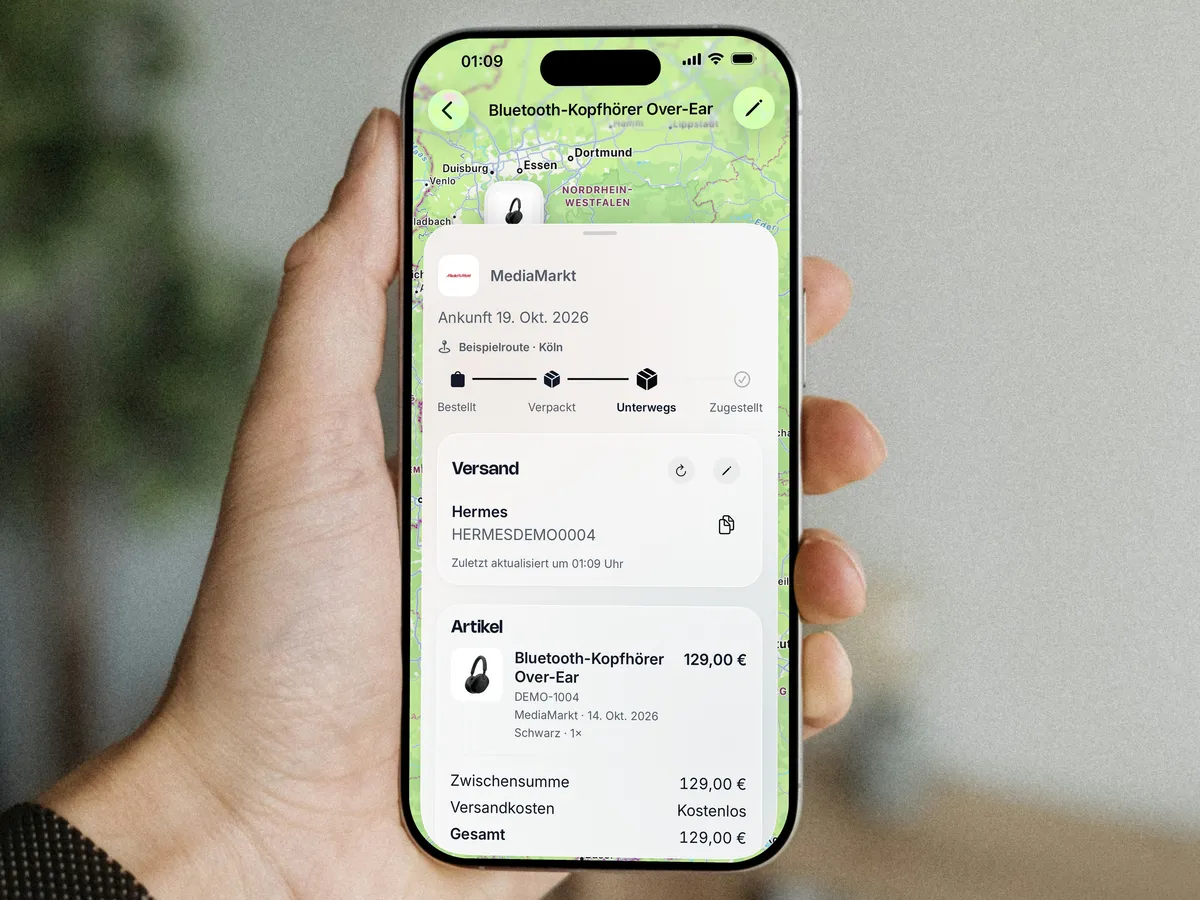 Bestelldetail in der trok-App mit Händler, Sendungsverlauf, Versand und Artikeln
