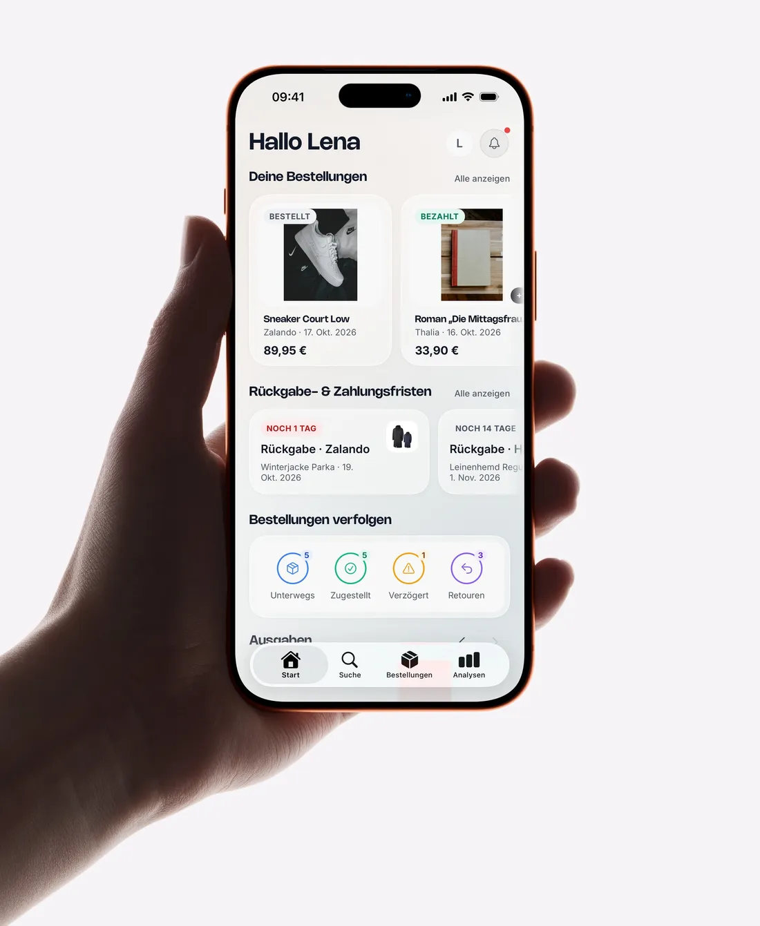 Startseite der trok-App mit Bestellungen, Rückgabefristen und Sendungsstatus