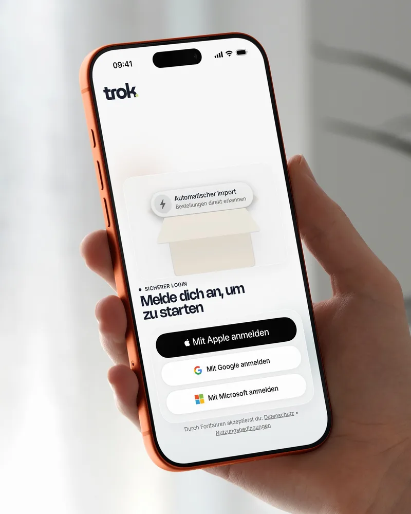 Anmeldebildschirm der trok-App mit Apple, Google und Microsoft